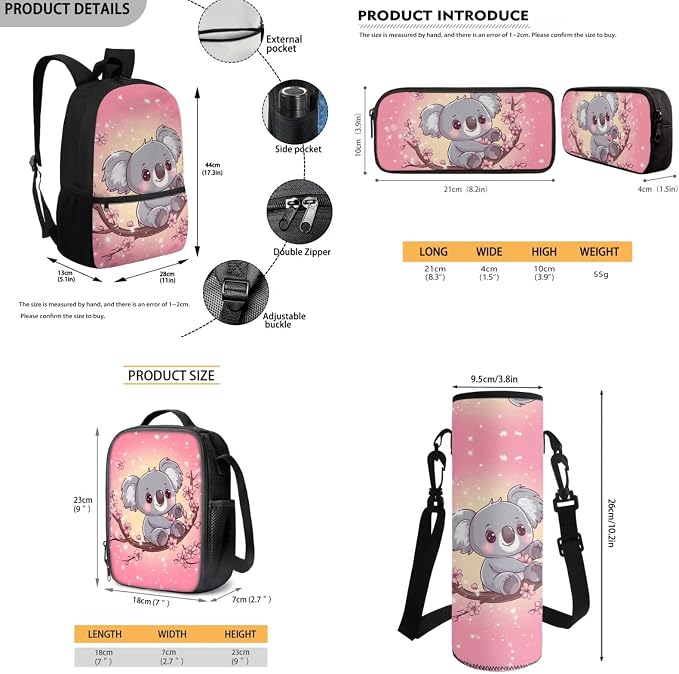 Kids Bookbag Cute Cherry Blossom Sloth Backpack and Lunch Box Set Girls Bookbag with Lunch Box and Water Bottle Holder Pencil Case Set 4 in 1 Back to School Supplies