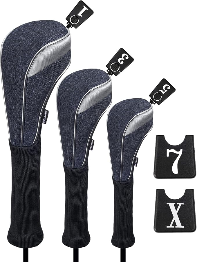 Andux 3pcs/Set Nylon Golf Wood Club Head Covers with Long Neck | for 460cc Driver Fairway Wood Club Silver Piping Pull-On Closure