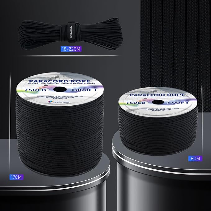 Paracordland-750LB Paracord Rope-100ft/500ft/1000ft- 9 Strand Parachute Spool Cord Heavy Duty String Ideal for Survival Gear Bracelet Camping Hikig Fishing-Black-500FT