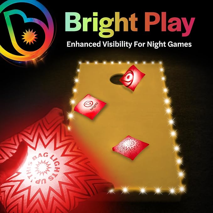 Brightz Cornhole Board Edge Lights with LED Bags - Includes 4-Pack of LED Cornhole Bags + TossBrightz Cornhole Board Edge Lights - The Ultimate Night Time Cornhole Master Set