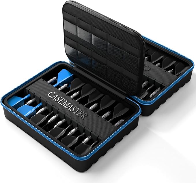 Casemaster Maxx 8 Dart Case, Holds 24 Steel Tip or Soft Tip Darts Fully Assembled, Hard Shell EVA Darts Case, 20 Accessory Pockets, Blue