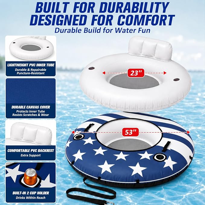 ZEALFEEL River Tube, 53'' River Float Tube with Premium Canvas Cover, Comfortable Backrest, 2 Built-in Cup Holders, Tow Strap & Handles, Inflatable PVC Water Inner Tubes for Adults Lake Pool Floating