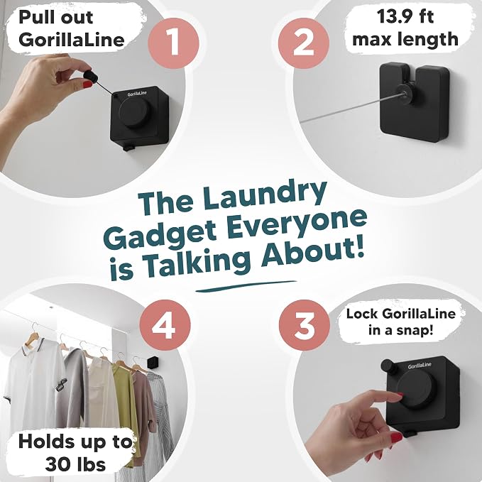 GorillaLine Basic - Retractable Clothesline Indoor Outdoor Clothes Line - Non-Sagging Heavy Duty Clothes Drying Laundry Line - Wall Mounted Drying Rack - Air Dry Clothing - Tighten with GorillaGrip