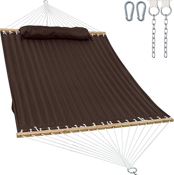 GAFETE Hammock 2 Person Quilted Fabric Hammocks for Outside, Double 12ft Hammocks with Spreader Bar, Large Removable Pillow, Storage Bag, Carabiners, Max 475 lbs Capacity (Coffee)