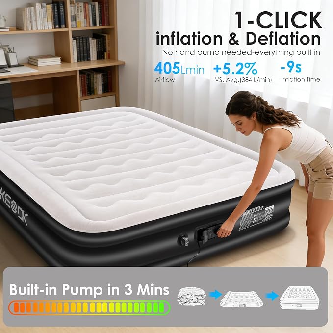 Air Mattress Queen with Built in Pump,Comfortable Waterproof Flocked Surface Inflatable Mattress for Temporary Family Stays and Travel,16-Inch Blow Up Mattress Inflates in 3 Minutes