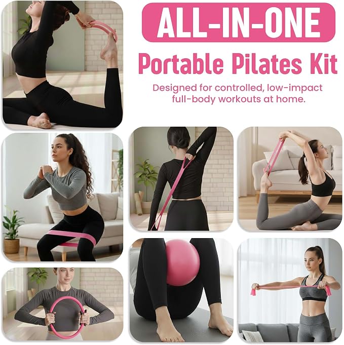 Pilates Kit for Women – 16 Pcs Home Pilates Equipment Set with Magic Circle Ring, Ball, 5 Resistance Bands, Yoga Strap, Ankle Weights, Grip Socks & More | Pilates Starter Kit