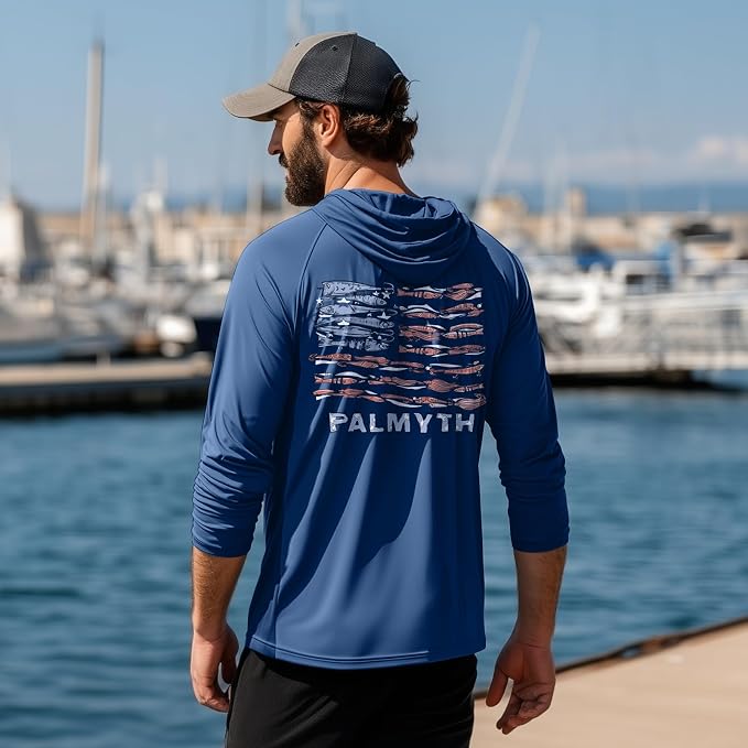 Palmyth Fishing Hoodie for Men Long Sleeve Sun Protection UV UPF 50+ Shirts | Hidden Zipper Pocket, Thumb Loops, Quick-Dry, Side Mesh Panels, Lens Cleaning Cloth, 4-Way Stretch