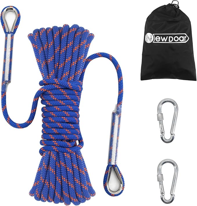 NewDoar 14KN Static Climbing Rope 8mm(5/16in) Accessory Cord Equipment 33FT(10M) 66FT(20M) 98FT(30M) 165FT(50M) Escape Rope with 2 Carabiners for Ice Climbing Equipment Fire Rescue Rope-Blue/50M