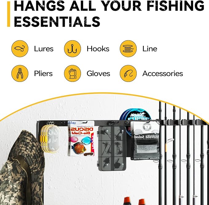 SOYEEZE Fishing Rod Holders for Garage, Fishing Pole Rack-360 Degree Rotating, Floor Stand Fishing Rod Storage Holds Up to 12 Rods, Space-Saving Pole Organizer with Unique Hook & Basket Design