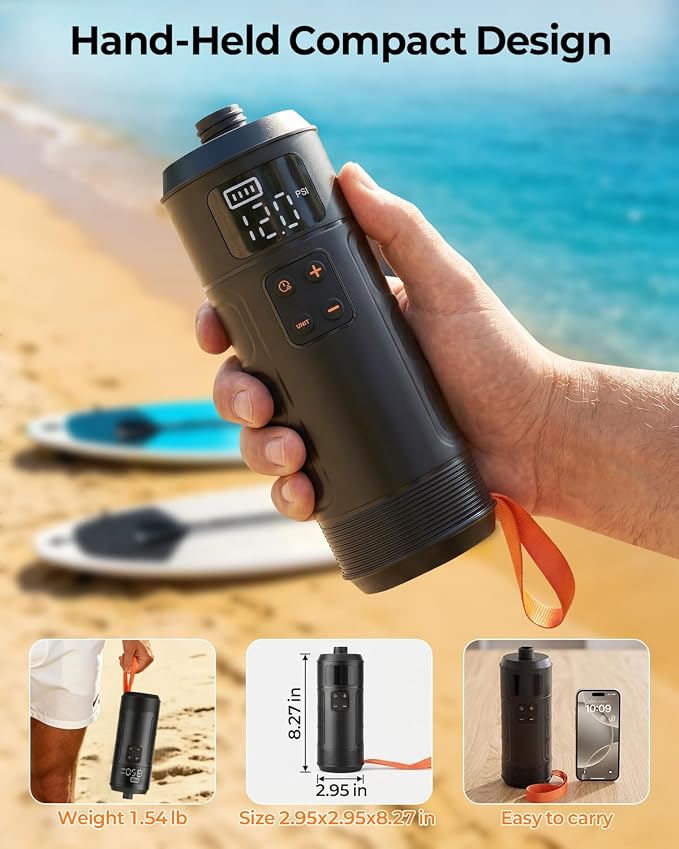 Compact Rechargeable SUP Pump, Lightweight Cordless Electric Paddle Board Pump, 12 PSI Portable Inflator with Auto Shut-Off for Stand Up Paddle Boards, Kayaks and Pool Floats