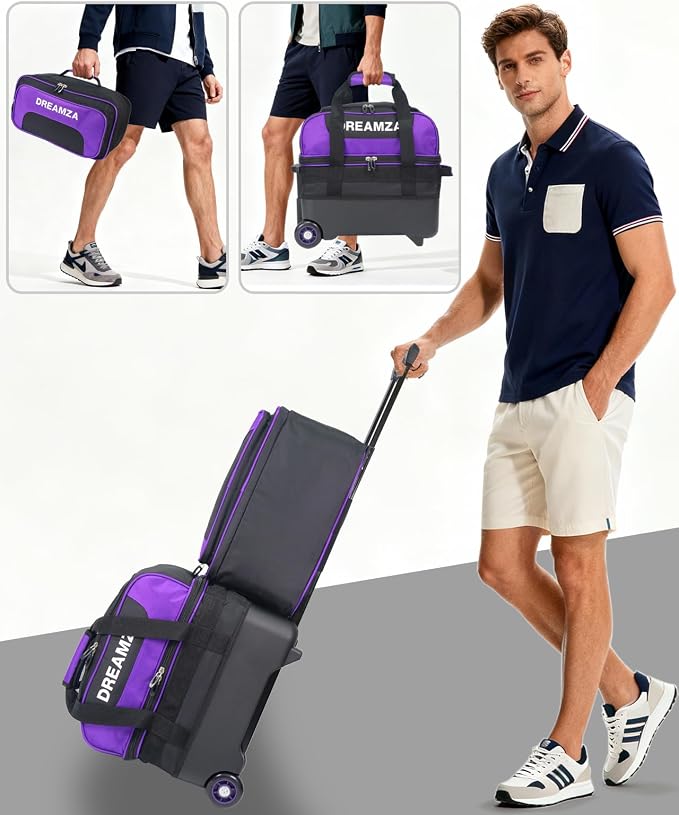 Single Bowling Ball Bag with Wheels, Deluxe Rolling Bowling Bags 1 Ball and Shoes Pocket w/Molded BallCup, Bonus Storage Bag, 40" Retractable Handle - Large 1 Ball Bowling Bags with Wheels