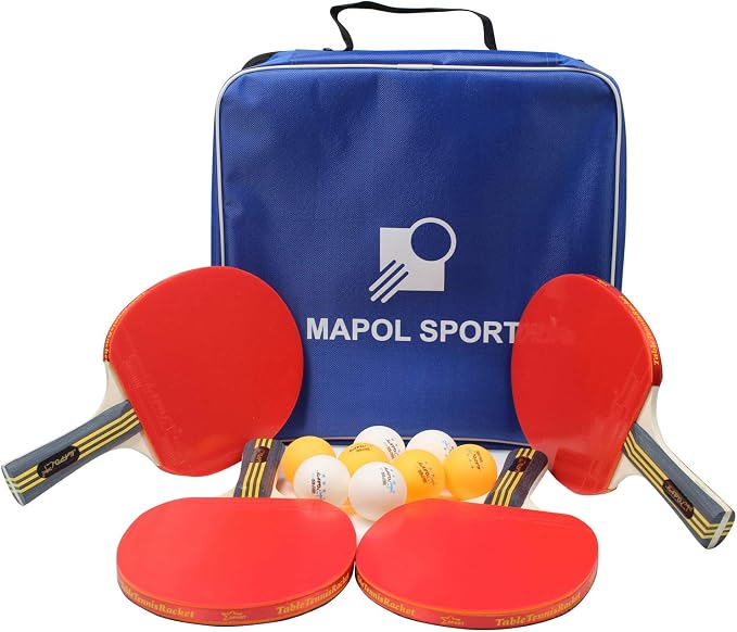 MAPOL Quality Ping Pong Paddle Set - 4 Professional Table Tennis Rackets/Paddles - 8 Premium 3-Star Balls, Portable Cover Case Holder Included