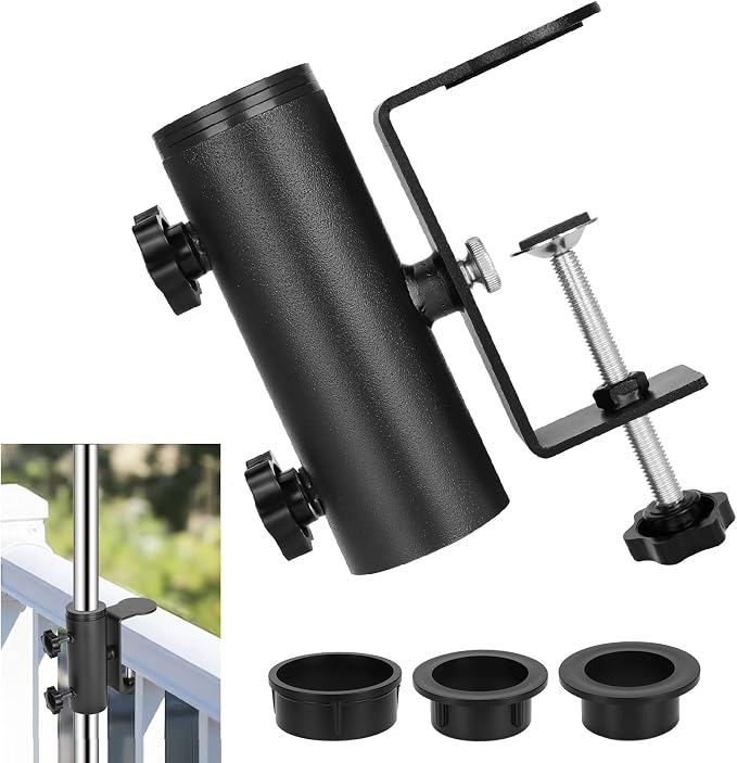 Patio Umbrella Clamp, Heavy Duty Deck Railing Umbrella Holder, Balcony Railings Mount Attaches to Railsor Fence Post Railing Bleachers Benches Tailgates Outdoor