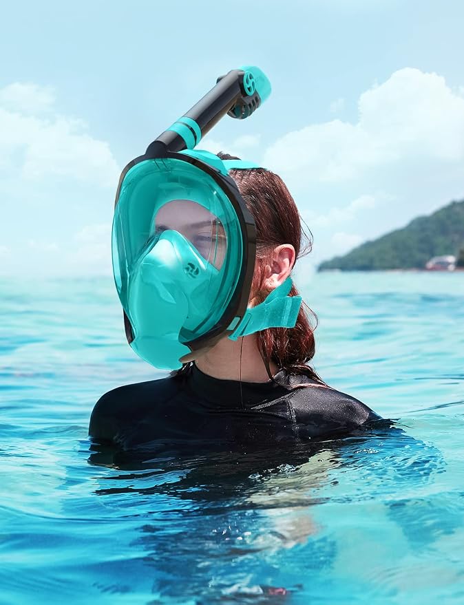 Full Face Snorkel Mask for Adults, 180° Panoramic Anti-Fog Snorkeling Gear with Dry Top System & Camera Mount, Foldable Anti-Leak Design for Travel, Swimming & Ocean Snorkeling