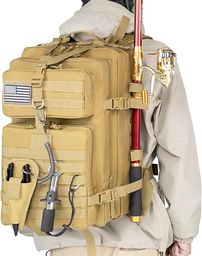 TBNBO 45l Large Fishing Tackle Backpack with Removable Plier Holder & Rod Holders, Khaki Tactical Bag, Fishing Gear and Tackle Box Organizer, Hiking Rucksack without Tackle Box