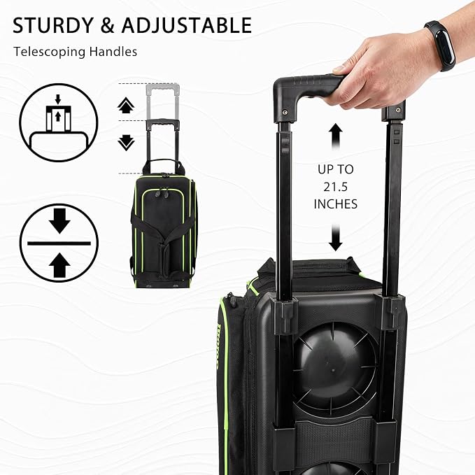 Goloni Double Roller 2 Ball Bowling Bag with Separate Shoe Compartment,2 Ball Bowling Bag with Wheels,Retractable Handle Extends to 40"