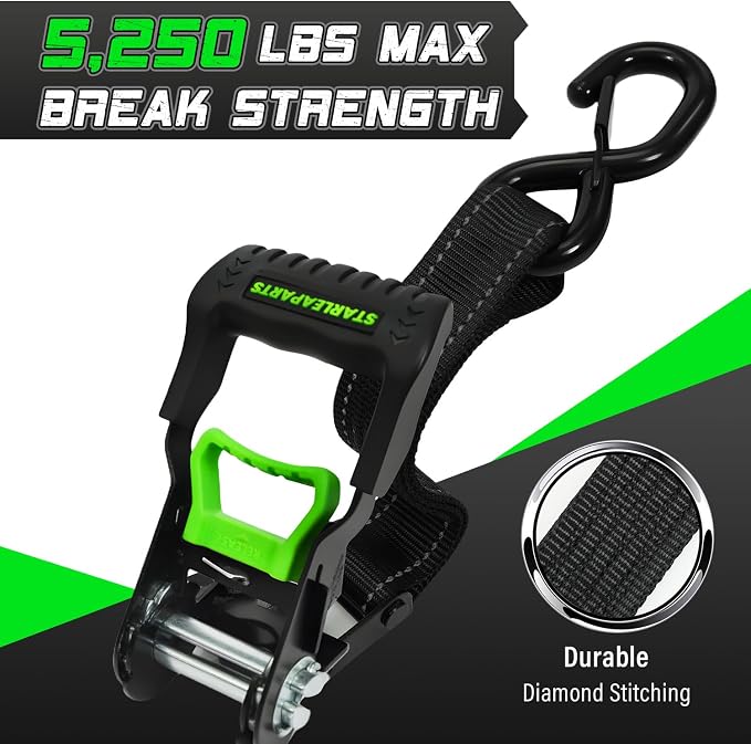 Motorcycle Tie Down Strap (4PK 1.5INX8FT) - 5,250lb Break Strength, Ratchet Straps Heavy Duty, Soft Loop Ratchet Straps for Moving Appliances, Lawn Equipment, Cargo Straps for Trucks