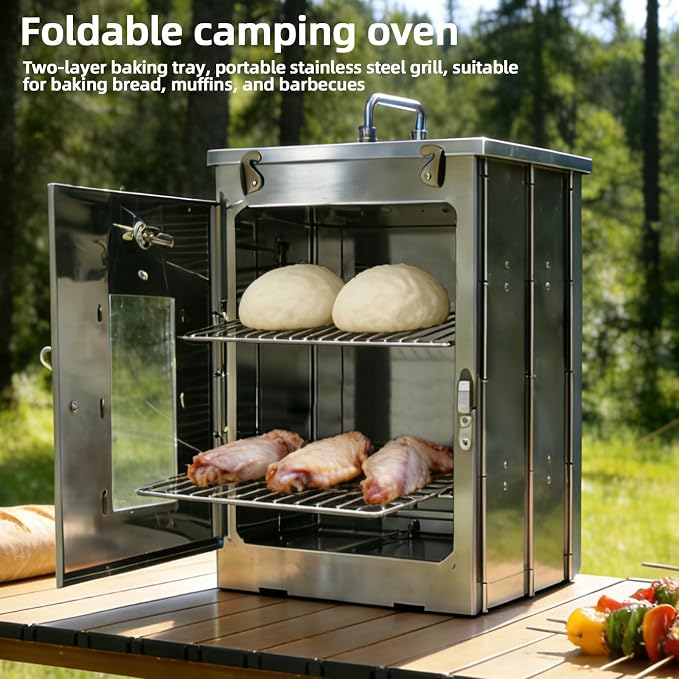 16-Inch H Folding Camping Oven - 2-Tier Grates, Portable Stainless Steel Grill for Baking Bread, Muffins & BBQ, Compatible with Wood-Burning & Propane Stoves