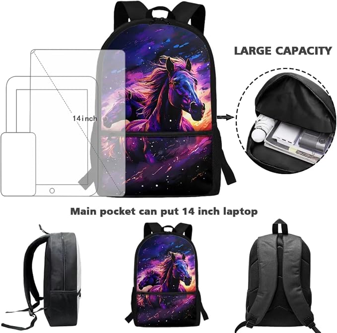 Horse Backpack for Girls School Bags with Lunch Bag Pencil Case Water Bottle Holder Kids Preschool Bookbag 4PCS Elementary School Bag Back to School Accessories