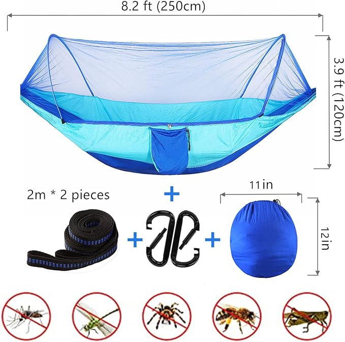 LFL Camping Hammock with Mosquito Net, Hammocks with Net 13ft Tree Straps Carabiners, Automatic Quick Open Outdoor Portable Hammock, Nylon Parachute Material Outside Hammock with Bug net, Blue