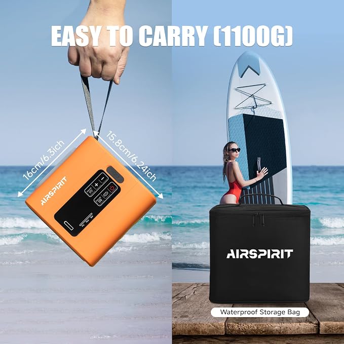 AIRSPIRIT Electric Paddle Board Pump, Rechargeable High Pressure SUP Air Pump, Intelligent Dual Stage Inflation & Deflation, Auto-Off for Stand Up Paddle Boards, Surfing Kite, Tent, Boat, Kayaks