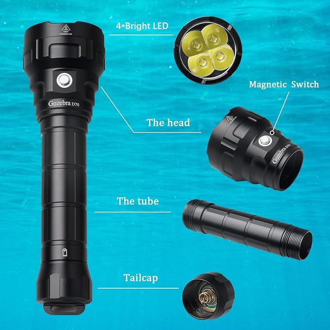 Dive Light, D70 13000 Lumen Super Bright Scuba Diving Flashlight, Rechargeable Diving Lights Underwater Waterproof Flashlight for Under Water Deep Sea Cave