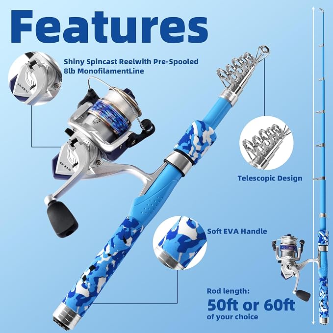 Portable Fishing Spinning Rod and Reel Combo Set Carbon Fiber Fluorescent Rod Tip, with Fishing Lures Line Carrier Bag Kits for Travel Surf Saltwater Freshwater
