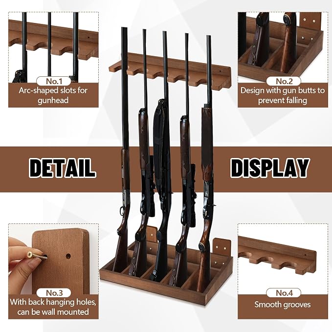 GlikCeil 1 Set Wooden Vertical Gun Rack Wall Mount Indoor Hold up to 5 Long Guns Shotguns Rifle Racks Display Holder Stand for Firearms Display Storage Home Accessories Office