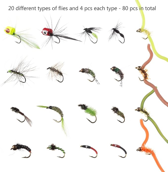 BASSDASH Fly Fishing Flies Kit Fly Assortment Trout Bass Fishing with Fly Box with Dry/Wet Flies, Nymphs, Streamers, Popper