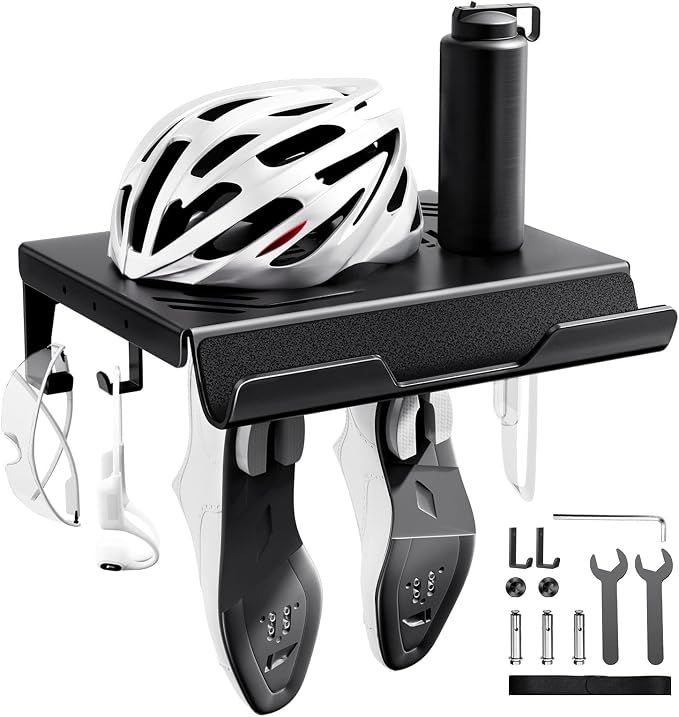 HAPBEAR Bike Wall Mount Rack with Shelf & 2 Adjustable Hooks-3mm Heavy Duty Galvanized Steel Indoor Bicycle Storage for Garage/Apartment-Fits Mountain & Road Bikes-Max 110lbs, Includes Wheel Strap