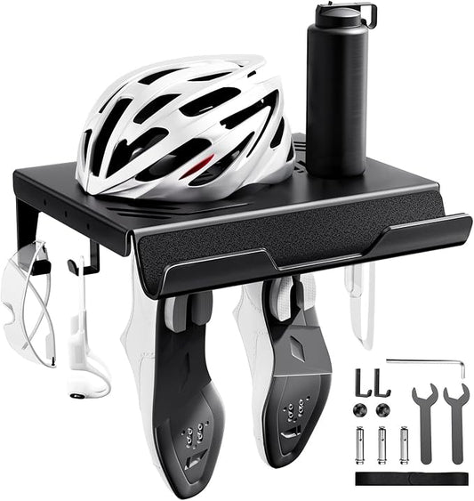 HAPBEAR Bike Wall Mount Rack with Shelf & 2 Adjustable Hooks-3mm Heavy Duty Galvanized Steel Indoor Bicycle Storage for Garage/Apartment-Fits Mountain & Road Bikes-Max 110lbs, Includes Wheel Strap