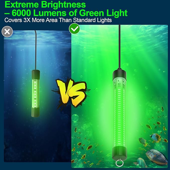 LED Underwater Fishing Light Compatible with for DeWalt 20V Battery（Battery Not Included）, 6000 Lumens, IP68 Waterproof Submersible Green Fish Attractor Light for Night/Ice/Boat Fishing