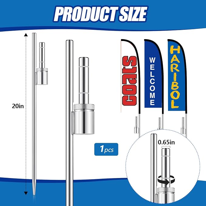 Pelopy Feather Flag Ground Spike Ground Stake Flag Base Heavy Duty Flags Pole Holder for Outdoor Banner Stakes Fits Poles with 0.65 Inch Inner Diameter, Stake Only (1 Pcs,20 Inch)