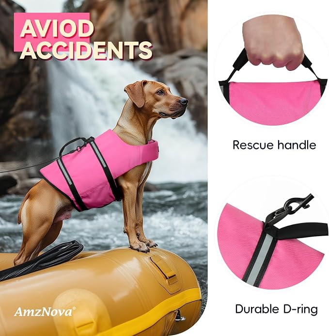 AMZNOVA Shark Dog Life Jacket + Rip Stop Dog Life Jacket, Durable Handle Reflective Buoyance