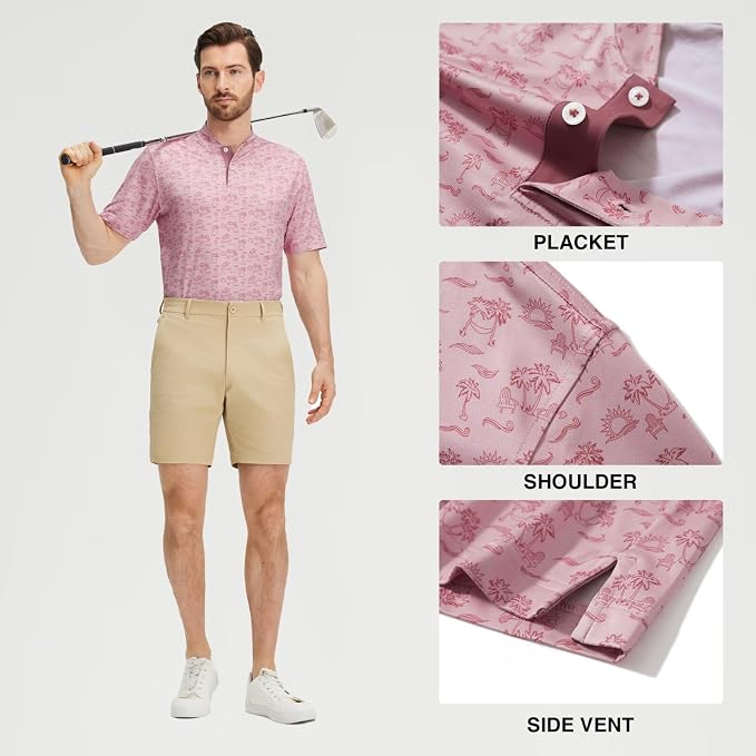 M MAELREG Golf Shirts for Men Collarless Performance Dry Fit Stretch Henley Casual Printed Mens Polo Shirts Short Sleeve