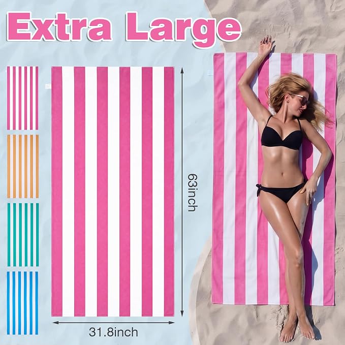 4 Pcs 2-in-1 Stripe Beach Towel Backpack, 31.5 x 63 Foldable Lightweight Microfiber Towel Bag Quick Dry Sand-Resistant Towels for Pool Camping Yoga Travel (Pink,Orange,Blue,Green)