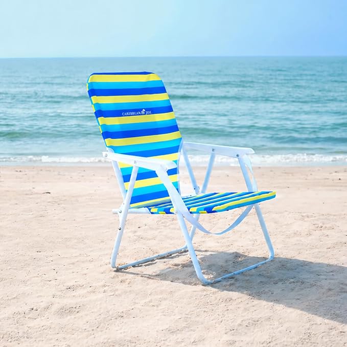 CARIBBEAN JOE Folding Beach Chair, 1 Position Lightweight and Portable Foldable Outdoor Camping Accessories with Carry Strap (Bold Stripe, 225lbs Capacity)