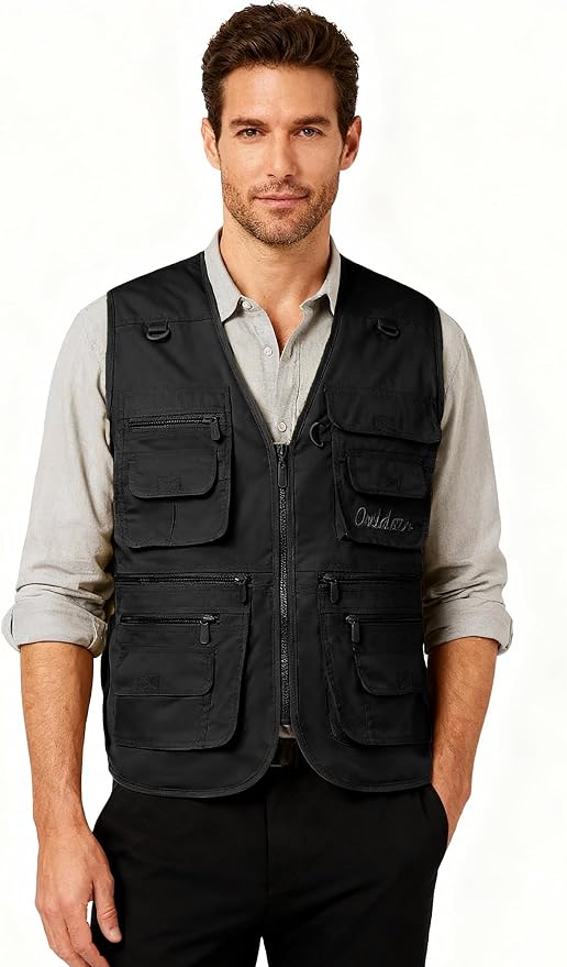 Flygo Men's Fishing Vest Utility Lightweight Outdoor Travel Safari Photo Cargo Vest with 16 Pockets