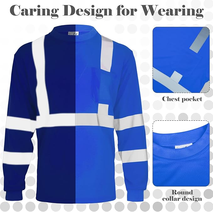 Amylove 4 Pcs Long Sleeve Safety Shirt High Visibility Reflective Construction Work Shirts for Men Women(XL,Blue)