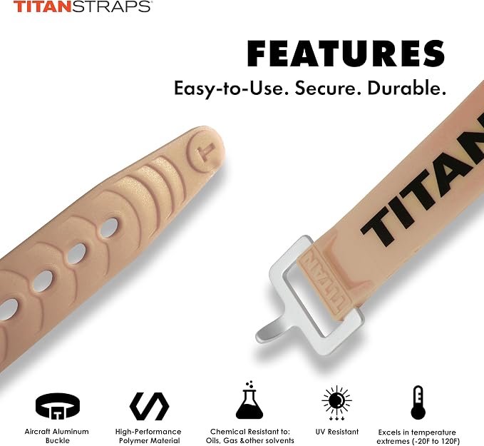 Titan Industrial Straps – Safety Strap Set to Secure Splits, Cargo Bikes, Garden Hoses, Wood Working Projects – 70 lb. Working Load, 30" Length, 4-Pack Coyote Tan