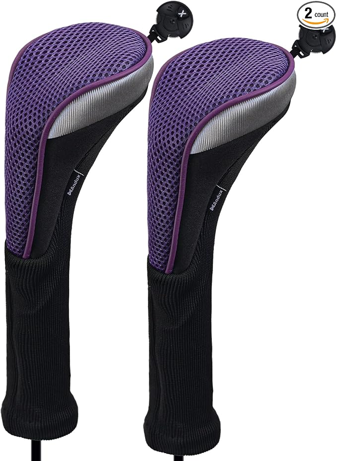 Andux 2pcs Long Neck Golf Hybrid Club Head Covers Dial No. Tag CTMT-02 | Mesh Breathable material | all the Same Size | Coloured Piping | Pull-On Closure