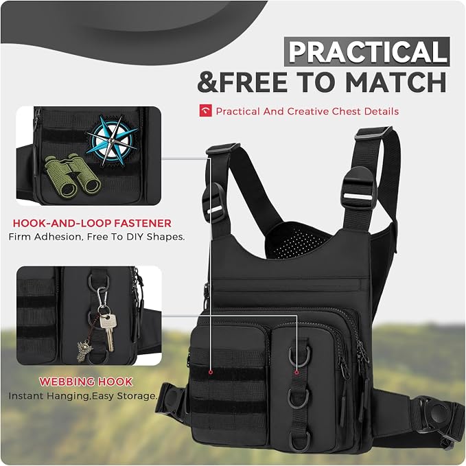 Criuage Outdoor Chest Bag for Men, Lightweight Adjustable Running Vest, Water Resistant EDC Chest Pack with Water Bottle Pocket, Breathable Back Pad for Hiking Cycling Fishing Travel (Black)