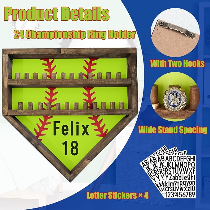 Personalized Baseball Softball Championship Ring Holder Display Case, Custom Name Number Sports Ring Display Case Wooden,24 Ring Posts,Trophy & Medal Gift Display Case for Men Dad(Yellow)