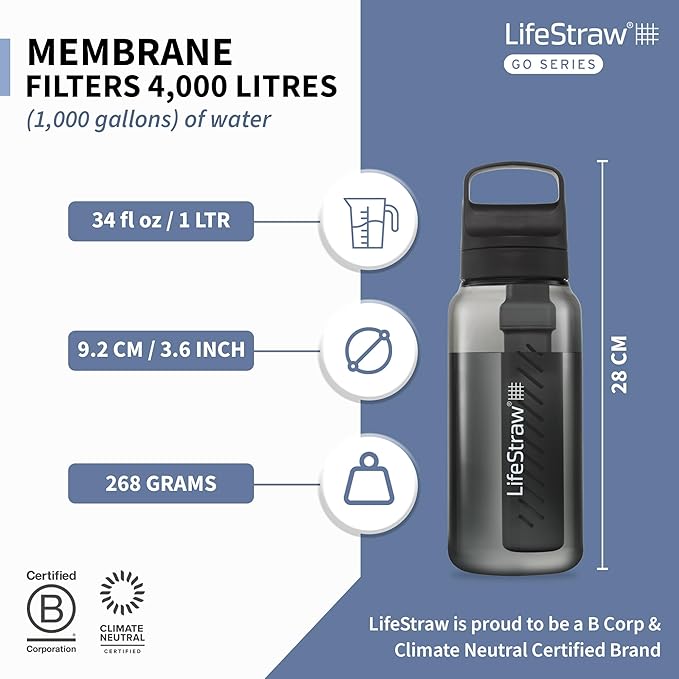 LifeStraw Go Series — BPA-Free Water Filter Bottle for Travel and Everyday Use removes Bacteria, Parasites and Microplastics, Improves Taste, 1L, Nordic Noir'
