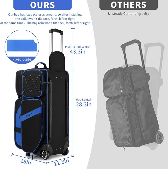 BOSSTIN 3 Ball Bowling Bags with Wheels, Secure Adhesive Fixed Ball Cup & Shoe Compartment, Bowling Ball Bag 3 Ball Roller with Multi-Pockets