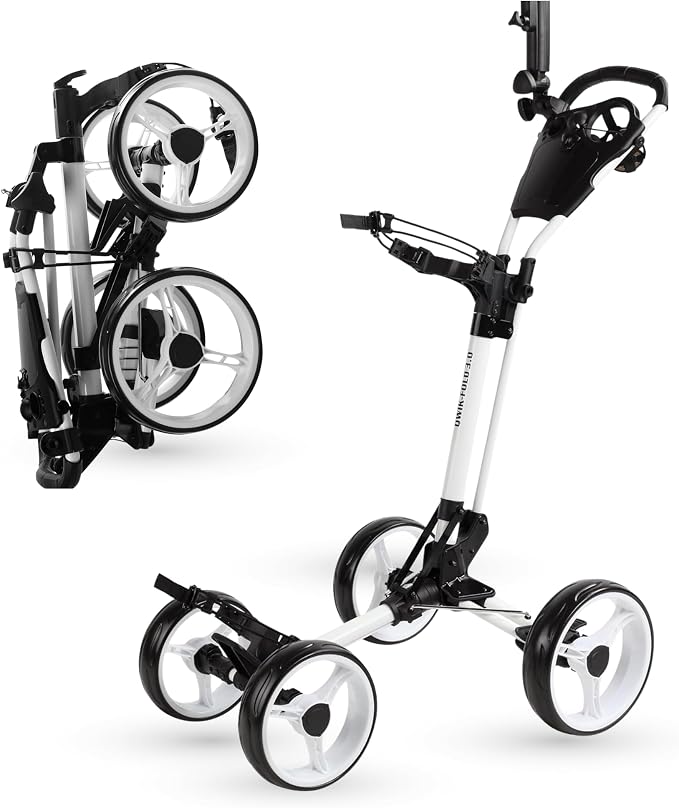 Qwik-Fold Golf Push Cart 4-Wheel with Foot Brake – 1-Second Fold Golf Trolley, Lightweight Aluminum Frame, Adjustable Handle, Ball-Bearing Wheels & Umbrella Holder