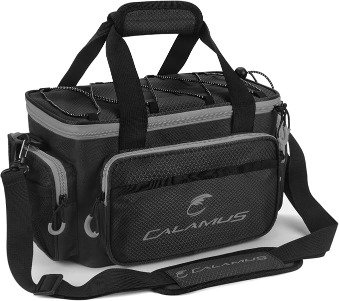 Calamus TB61 Fishing Tackle Bag，Black | Saltwater & Freshwater Fishing Bags, Rip-Stop PE, Padded Shoulder Strap, Pliers Storage, Easy to Organize, Functional Design