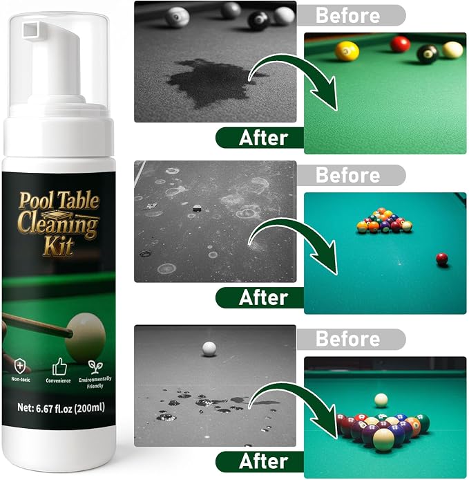 200ml Billiard Tables Cleaner Spray Set, Billiard Felt Cleaner Accessories with 2 Pool Table Brushes, 1 Steel Wire Sponge, 1 Cloth