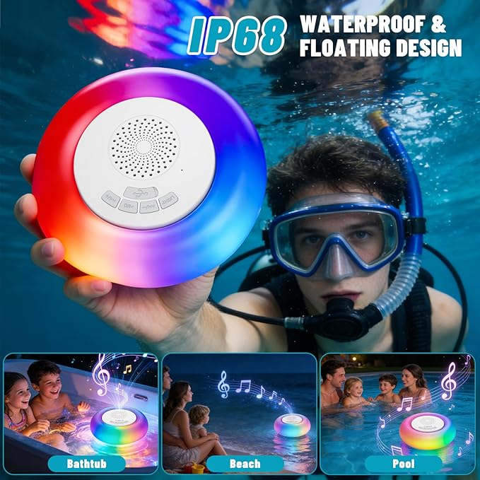 2 Pack Floating Pool Lights with Bluetooth Pool Speaker, 2-in-1 RGB Pool Lights, IP68 Waterproof, 360° Hi-Fi Sound for Pool, Hot Tub and Outdoor Parties