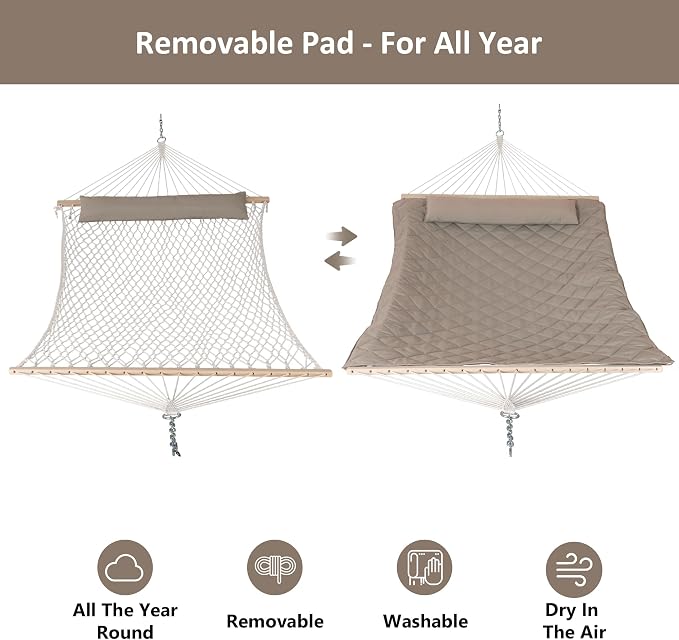 ANOW 2 Person Hammock with Spreader Bars, Rope Hammock with Pad for Outside, 450 LBS Weight Capacity, Light Brown